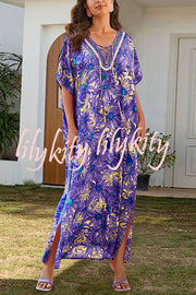 Floral Print V-Neck Lace-Up Loose Holiday Cover-Up Maxi Dress