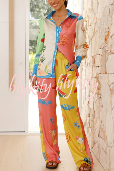 Unique Printed Long Sleeved Loose Shirt and Elastic Waist Pocket Pants Set