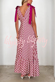 Unique Printed V-neck Sleeveless Lace-up Waist Maxi Dress