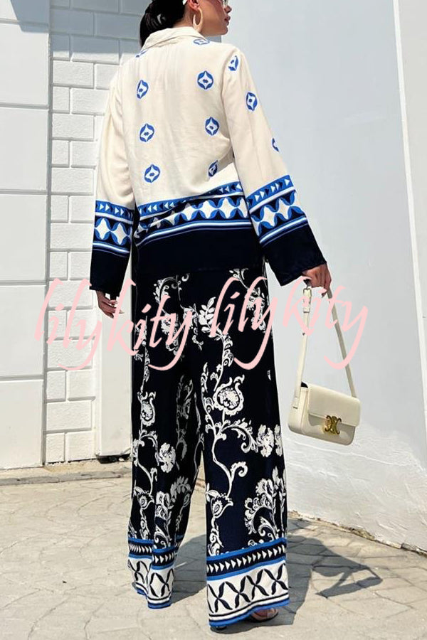 Unique Printed Lapel Long-sleeved Loose Top and Elastic Waist Casual Wide-leg Pants Set