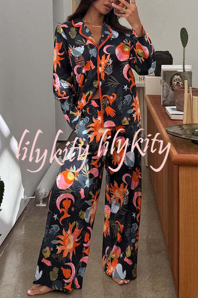 Evening Routine Unique Print Color-block Trim Loose Shirt and Elastic Waist Pocketed Pajama Set
