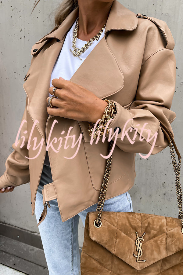 Stylish Leather Lapel Pocket British Style Cropped Jacket