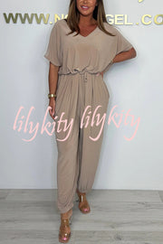 Solid Color V-neck Short-sleeved Waist-tied Loose Casual Jumpsuit