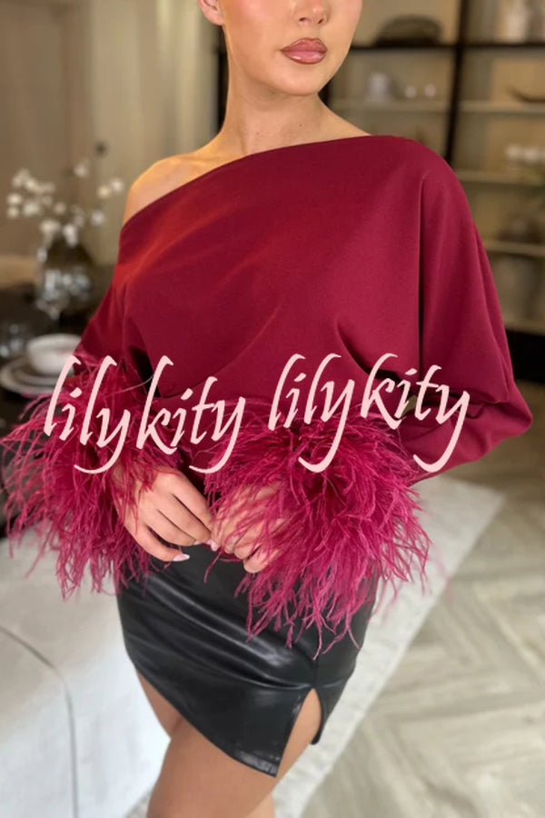 Party Holy Items Off Shoulder Feather Trim Sleeve Loose Blouse