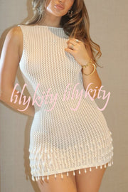 Fashion Knit Hollow Beaded Tassel Embellished Sleeveless Slim Mini Dress