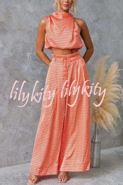 Girls Night Satin Printed High Neck Top and Elastic Tie-up Waist Pocket Wide Leg Pants Set