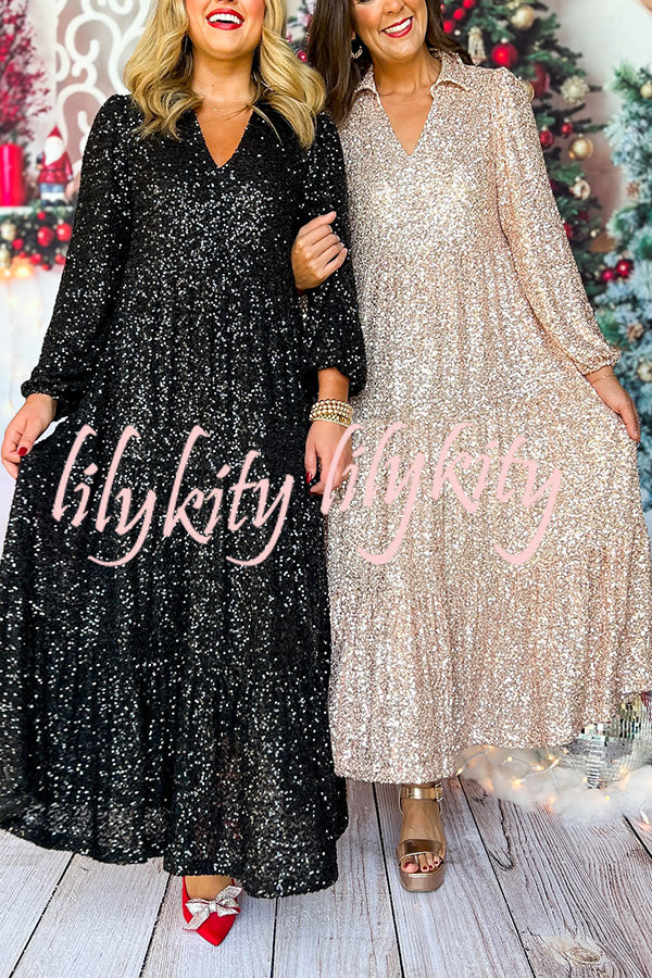 Christmas Elegant Sequin Long Sleeve V Neck Midi Dress