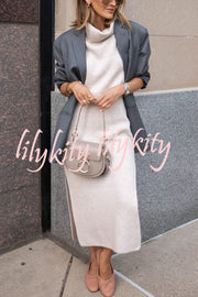 Book Club Knit Turtleneck Cap Sleeve Slit Sweater Midi Dress