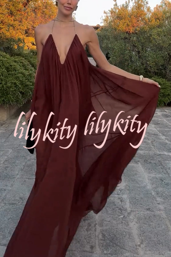 Flowing Lightweight Chiffon Chain Halter Neck Detail Backless A-line Maxi Dress
