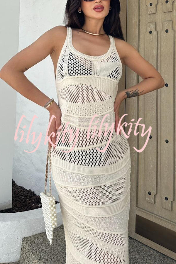Solid Color Knit Hollow Crew Neck Sleeveless Beach Cover Up Maxi Dress