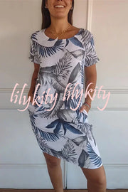 Botanical Print Linen Blend Crew Neck Short Sleeve Pocket Mini Dress