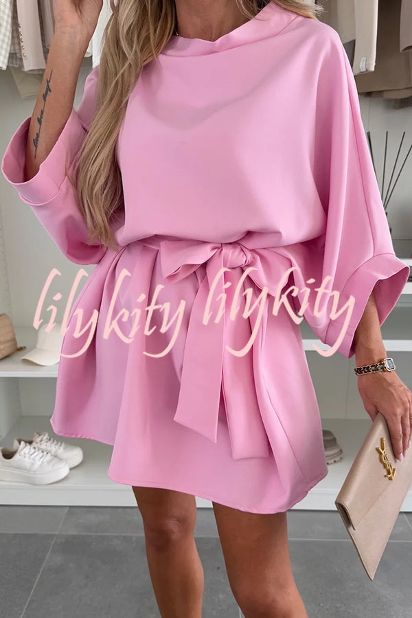 Solid Color Loose Round Neck Belted Mini Dress
