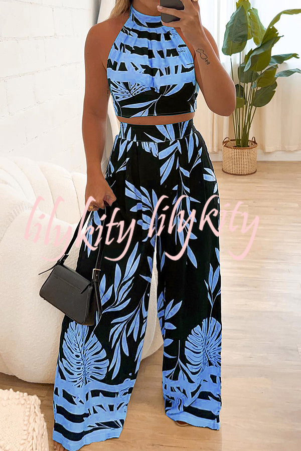 Botanical Print Halterneck Crop Top and Casual High-waist Wide-leg Pants Set