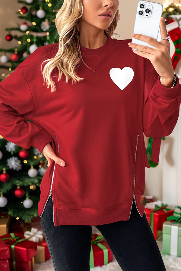 Christmas Heart Pattern Long-sleeved Crew Neck Loose Sweatshirt