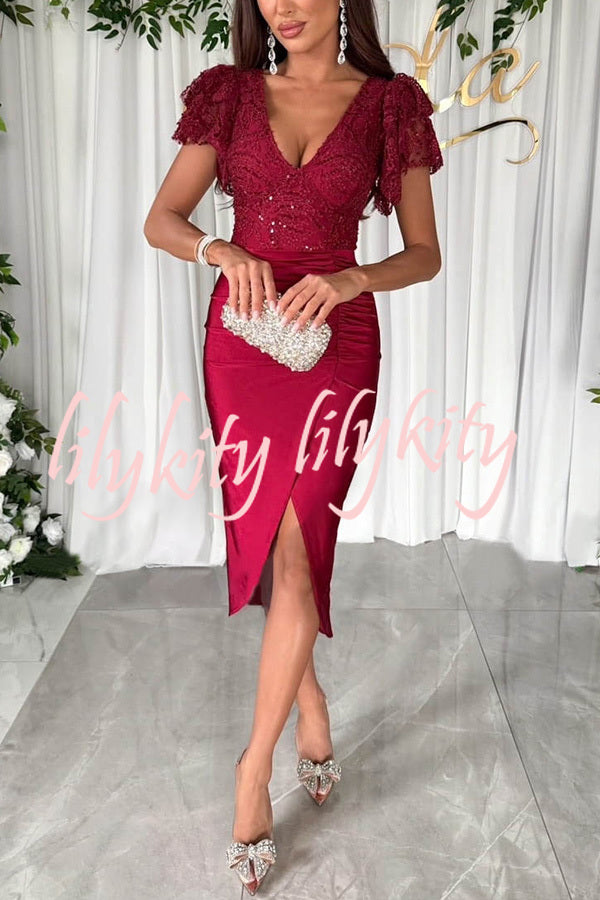 Dreamy Luxury Lace and Satin Patchwork Ruffle Sleeve Ruched Midi Dress