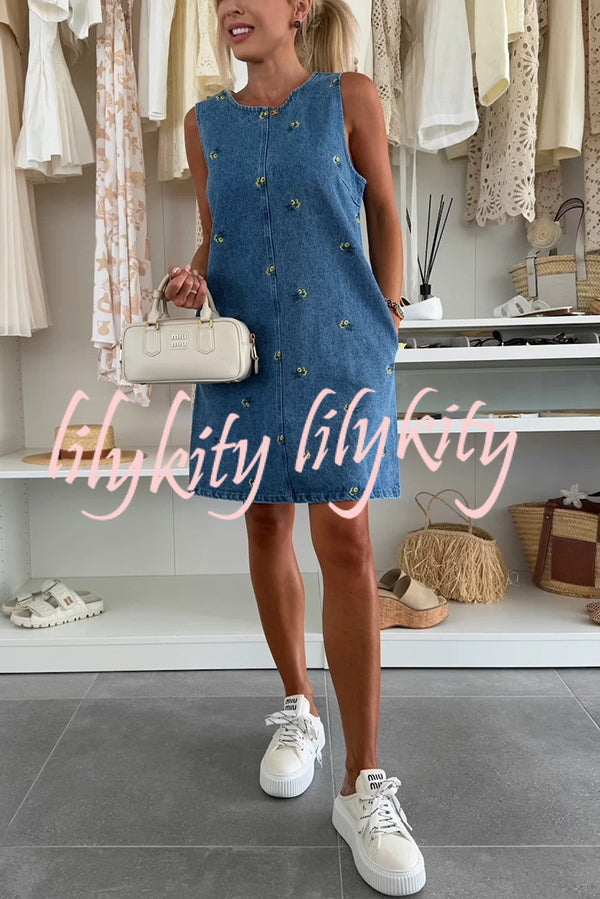 Floral Print Round Neck Sleeveless Loose Denim Mini Dress