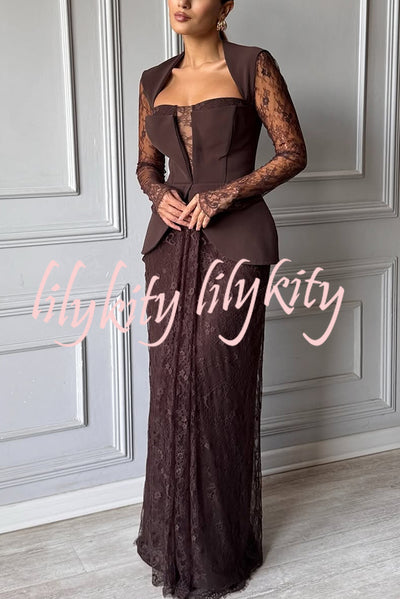 Belle Contrast Sheer Lace Fabric Patchwork Square Neck Long Sleeve Drape Maxi Dress