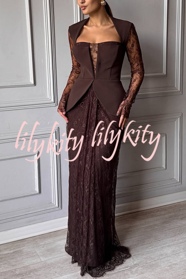Belle Contrast Sheer Lace Fabric Patchwork Square Neck Long Sleeve Drape Maxi Dress