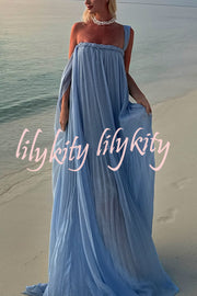 Fairy Spirit Tulle Braided Neckline Tie Arm Straps Pleated Maxi Dress