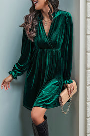 Solid Color Velvet V-Neck Long Sleeve Loose Mini Dress