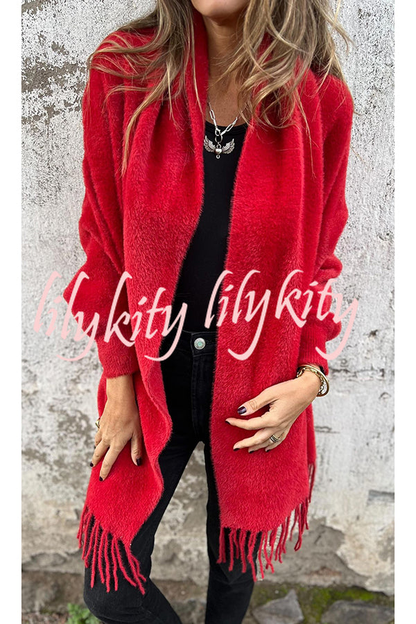 Warm Corner Knit Plush Tassel Trim Relaxed Shawl Cardigan