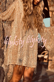 Flowing Shimmer Sequin Tassel Fabric Bell Sleeve Back Tie-up Loose Mini Dress