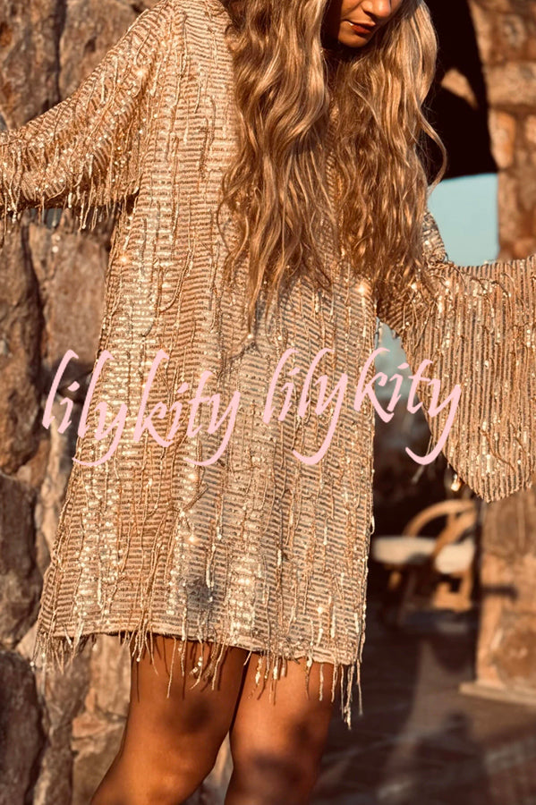 Flowing Shimmer Sequin Tassel Fabric Bell Sleeve Back Tie-up Loose Mini Dress