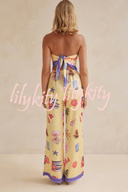 Linen Blend Unique Printed Bandeau Top and Elastic Waist Pocket Pants Set