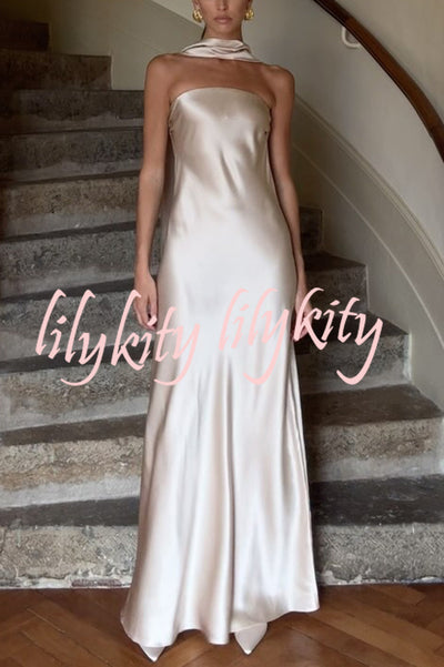 Satin Solid Color Elegant Strapless Slim Maxi Dress