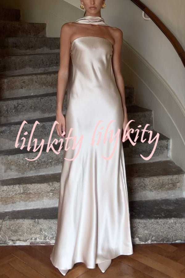 Satin Solid Color Elegant Strapless Slim Maxi Dress