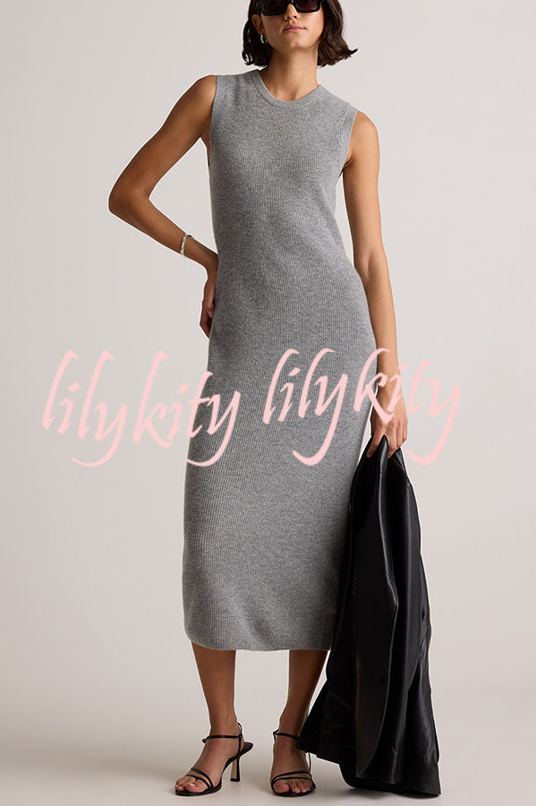 Soft and Warm Cashmere Ribbed Knit Sleeveless Midi Sweater Dress