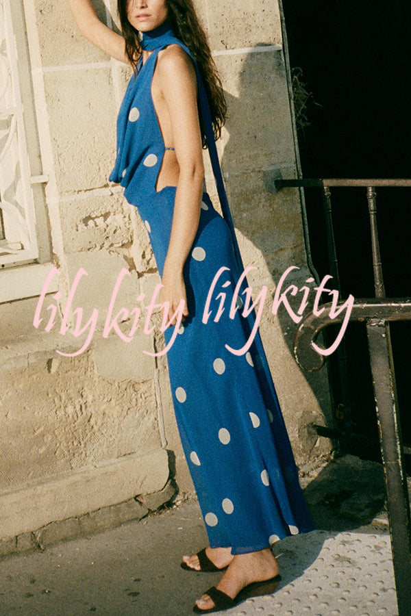 Fashion Polka Dot Print Sexy Halter Neck Backless Maxi Dress