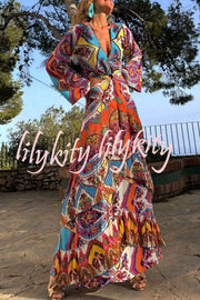 Colorful Day Unique Print Bell Sleeve Cutout Waist Layered Maxi Dress