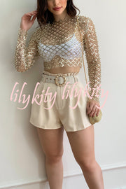 Geometric Pattern Crew Neck Mesh Pearl Sequin Long Sleeved Top