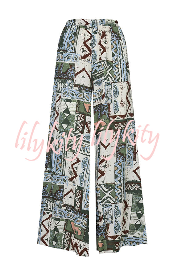 Terrace View Off Shoulder Tie Loose Top and Elastic Waist Unique Print Loose Pants Set