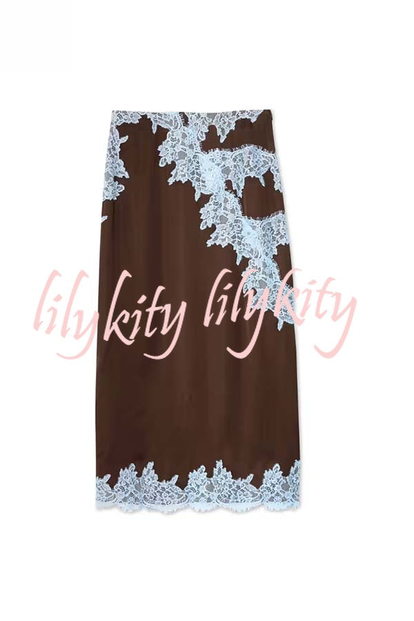 Sunday Social Contrast Color Satin Lace Trim Mid Rise Maxi Skirt