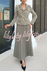 Solid Color Lapel Button Belt Blazer and Pleated Casual Maxi Skirt Set