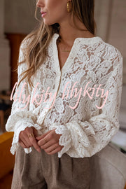 Fashionable Lace Long-sleeved Casual Button-down Shirt