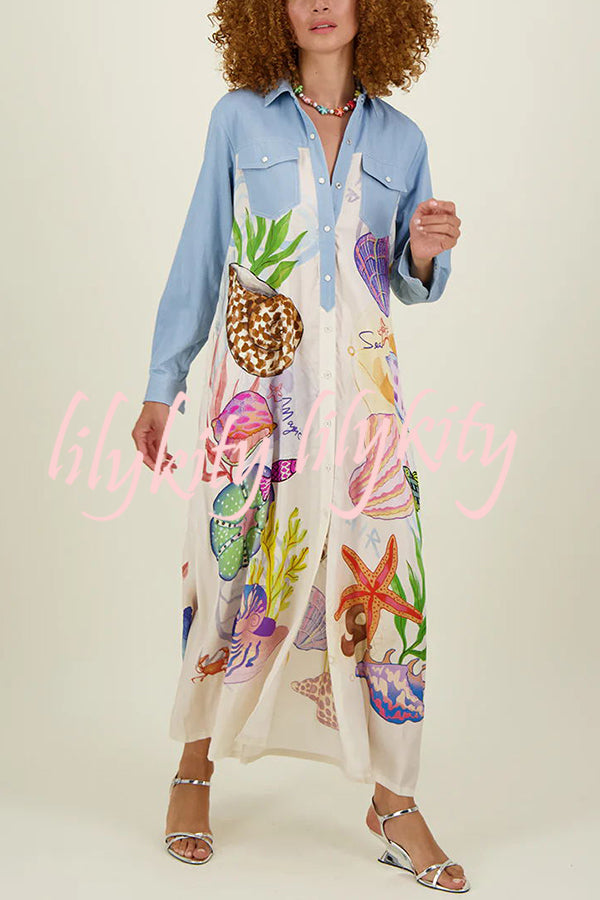 Take A Trip Marine Elements Unique Print Patchwork Pocketed Long Shirt Coat