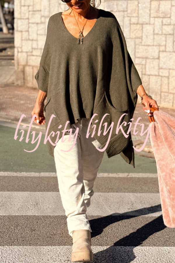 Fashion V-neck Loose Pocket Mid-length Knitted Sweater