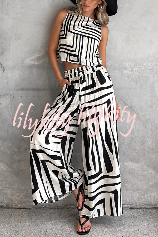 Striped Printed Sleeveless Casual Top and Elastic Waist Loose Pocket Wide-leg Pants Set