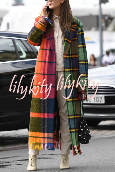 Fashionable Color-block Plaid Print Lapel Long-sleeved Casual Long Coat