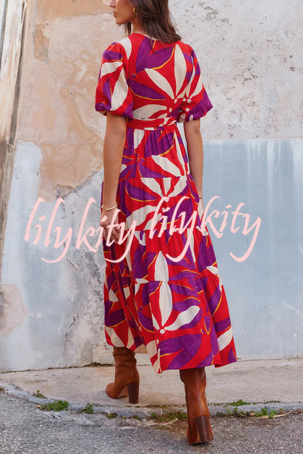 Unique Printed V-neck Puff Sleeves Tie Waist Midi Dress