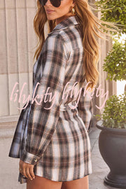 Ashroot Plaid Button Up Wrap Tie Long Sleeve Shirt Mini Dress