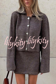 Fashion Lapel Bell Sleeve Knitted Cardigan and Casual Mini Skirt Set