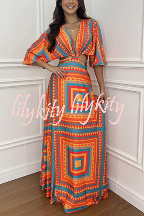 Wilma Unique Print Cutout Elastic Waist Tie-up Kimono Sleeve Maxi Dress