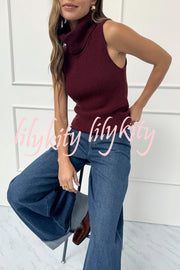 Comfortable Season Ribbed Knit Turtleneck Sleeveless Relaxed Sweater