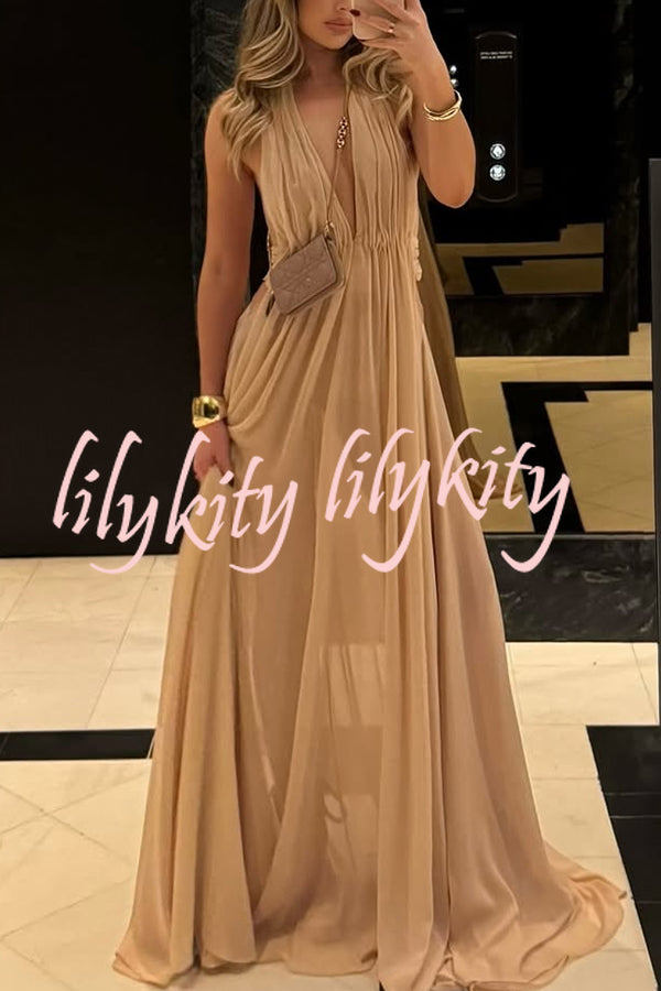 Ethereal Moment Tulle Cutout Ruched Waist Backless Halter Maxi Dress