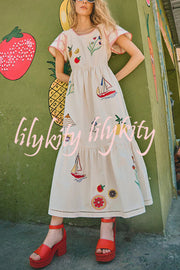 Summer Resort Printed Round Neck Bell Sleeve Maxi Dress