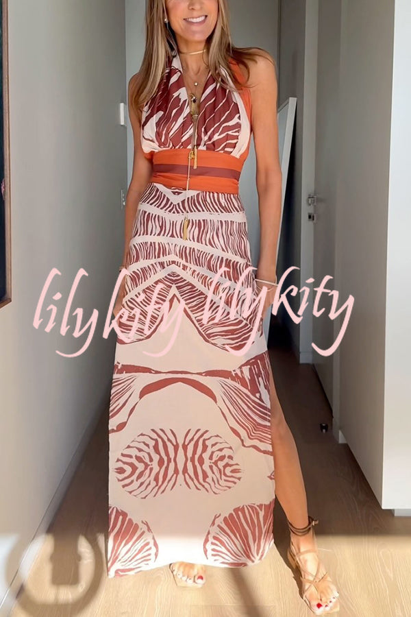 Vacay Bound Linen Blend Unique Botanical Print Halter Maxi Dress